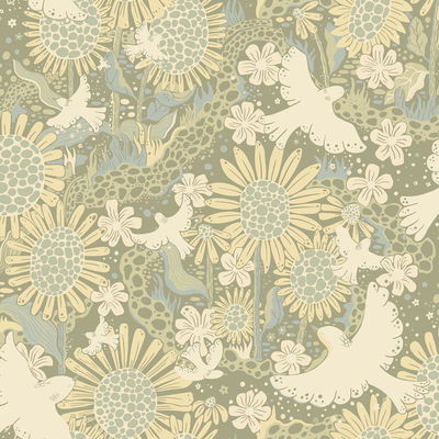 A-Street Prints Drömma Sage Songbirds and Sunflowers Wallpaper