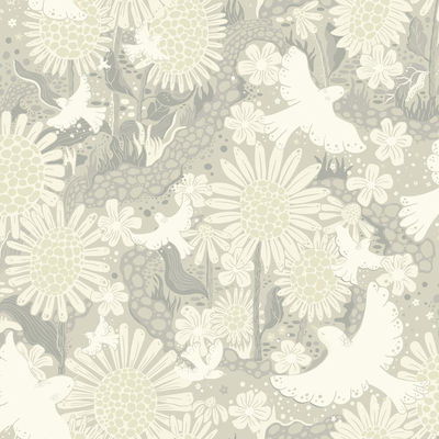 A-Street Prints Drömma Light Grey Songbirds and Sunflowers Wallpaper