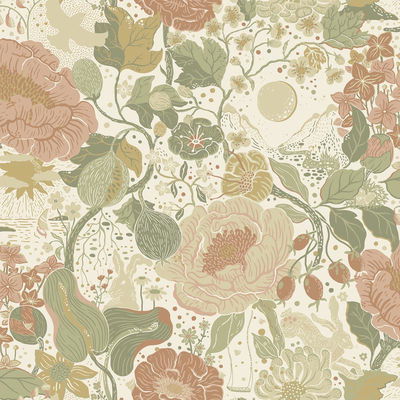 A-Street Prints Växa Green Rabbits & Rosehips Wallpaper