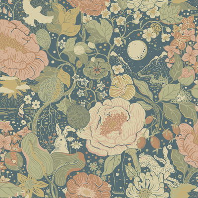 A-Street Prints Växa Teal Rabbits & Rosehips Wallpaper