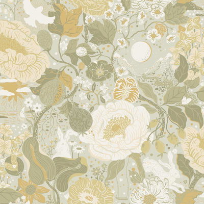 A-Street Prints Växa Grey Rabbits & Rosehips Wallpaper