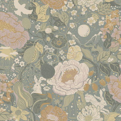 A-Street Prints Växa Slate Rabbits & Rosehips Wallpaper