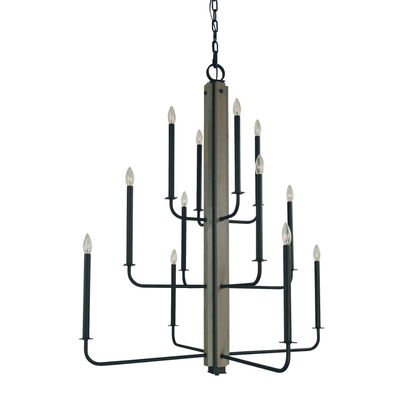 12-Light Matte Black With Grey Oak Accents Loft Foyer Chandelier