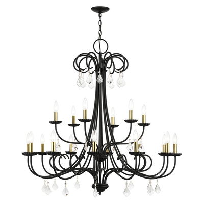 Daphne 18 Light Black Extra Large Chandelier with Antique Brass Finish Accents and Clear Crystals