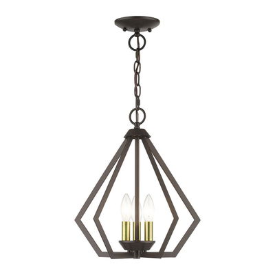 Prism 3 Light English Bronze Semi-Flush / Small Pendant with Antique Brass Finish Accents