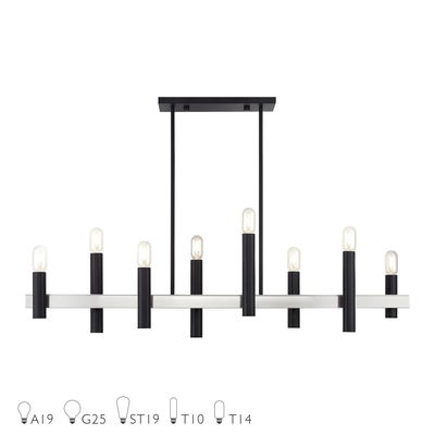 Helsinki 8 Light Black Extra Large Linear Chandelier with Brushed Nickel Accents