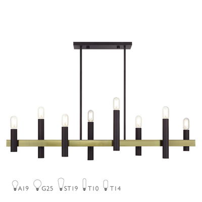 Helsinki 8 Light Bronze Extra Large Linear Chandelier with Antique Brass Accents