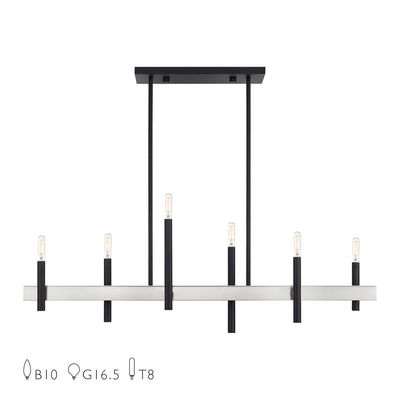 Denmark 6 Light Black Large Linear Chandelier with Brushed Nickel Accents