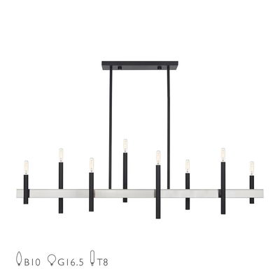 Denmark 8 Light Black Extra Large Linear Chandelier with Brushed Nickel Accents