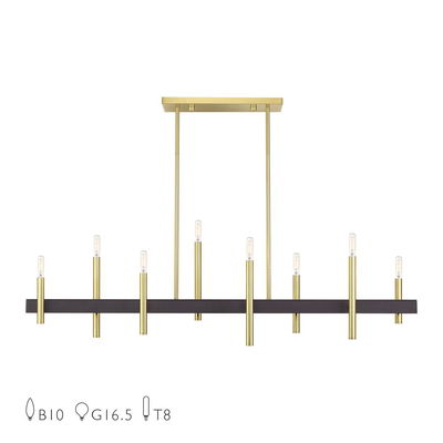 Denmark 8 Light Satin Brass Extra Large Linear Chandelier with Bronze Accents