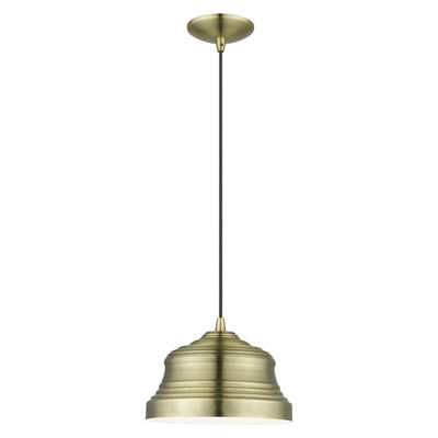 Endicott 1 Light Antique Brass Bell Pendant with Shiny White Finish Inside