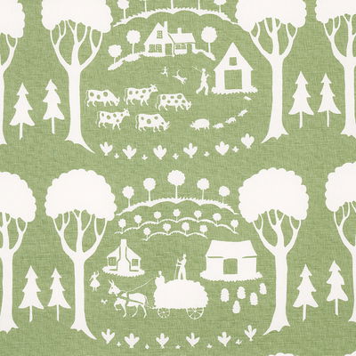 Green Farm Scene Fabric