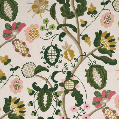 Pink & Green Mandevilla Embroidery Fabric