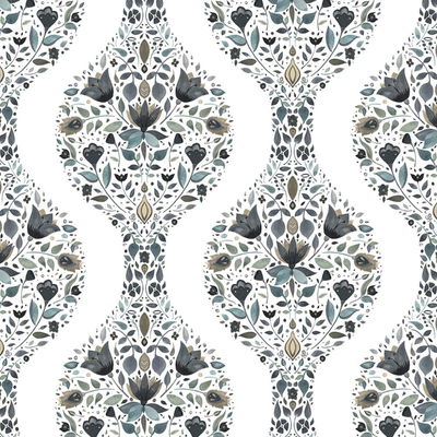 Floral Ogee Steel & Rustic Taupe Wallpaper
