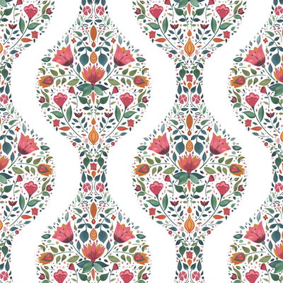 Floral Ogee Rose Pink & Spruce Wallpaper