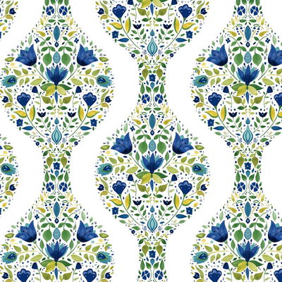 Floral Ogee Cobalt & Spring Green Wallpaper
